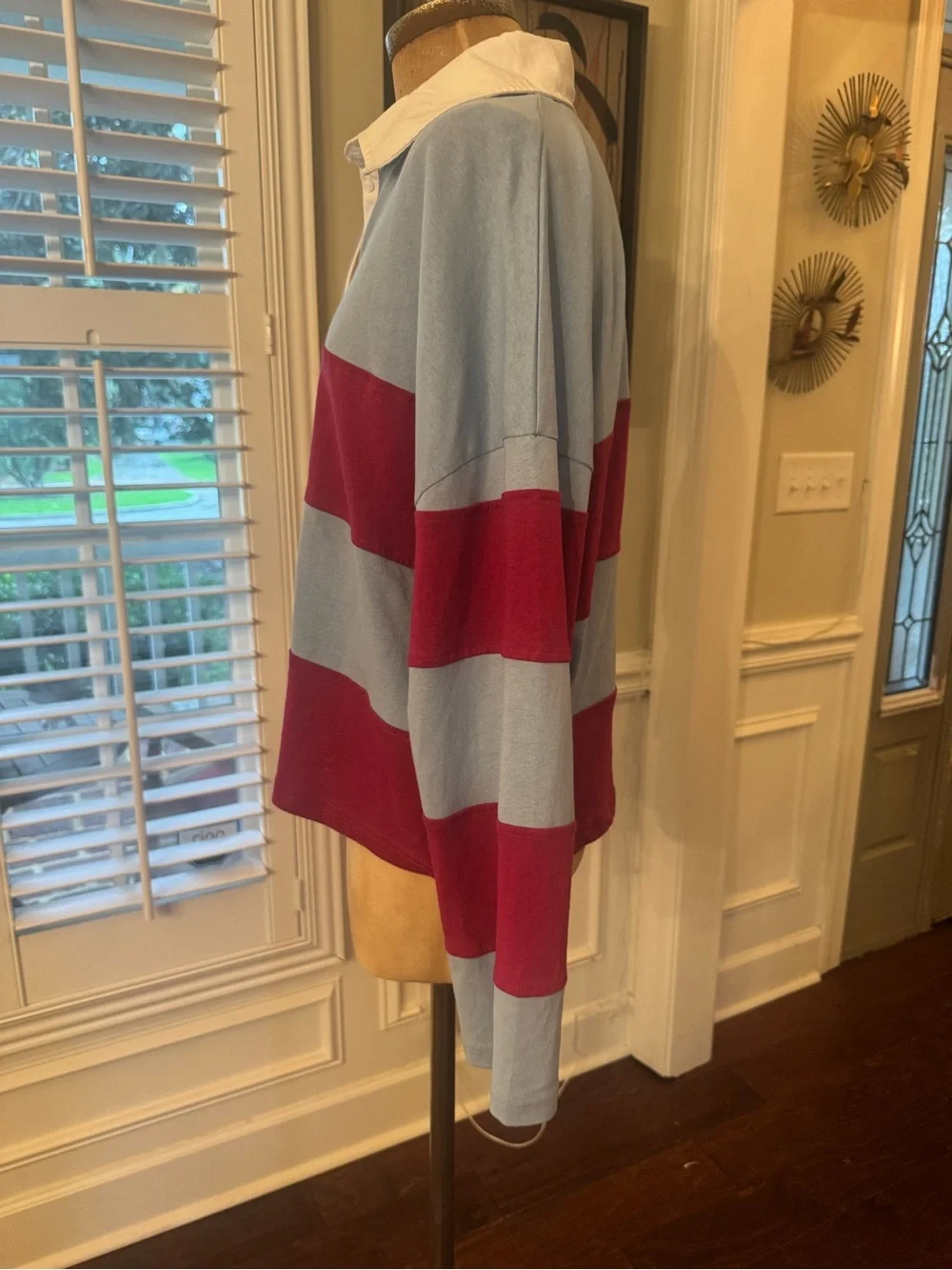 Anthropologie Light Blue and Burgundy Striped Rugby Sweater with White Collar